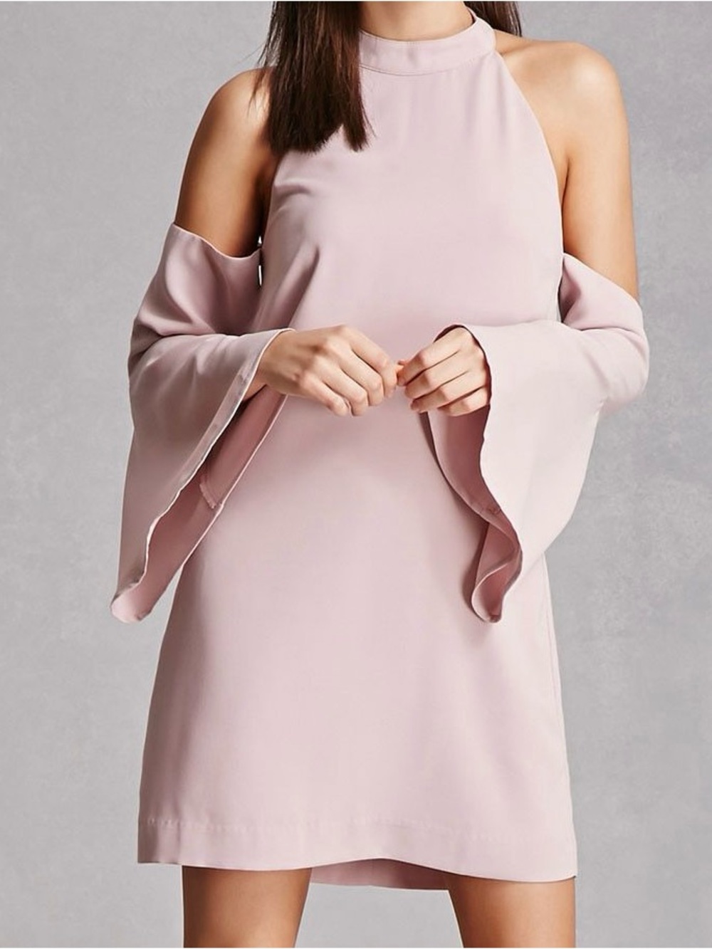 Stolen Hearts Pink Cold Shoulder Halter Mini Dress Bell Sleeve Boho S Feminine